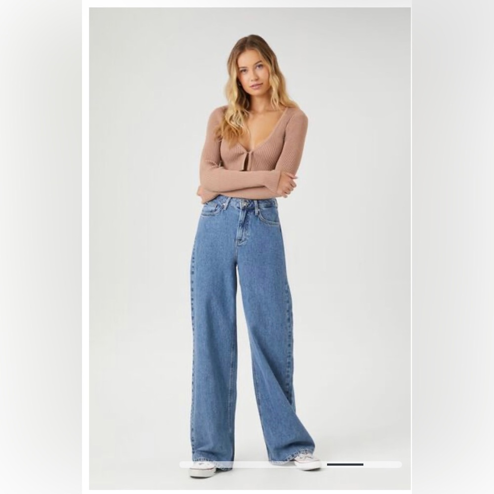 FOREVER 21 Nude Beige Tan Camel Cropped Ribbed Cardigan Sweater Top Shirt Sz M - Picture 5 of 16